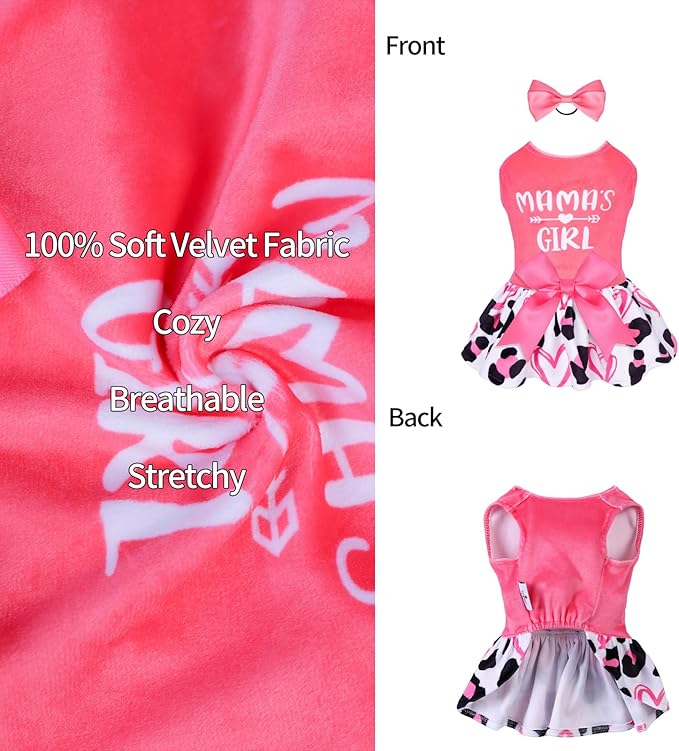 CuteBone Dog Dresses Velvet Mama's Girl Small Dogs Clothes Onesie Pet Apparel Girl Puppy Skirt with Bow Hair Rope CVA40S-D