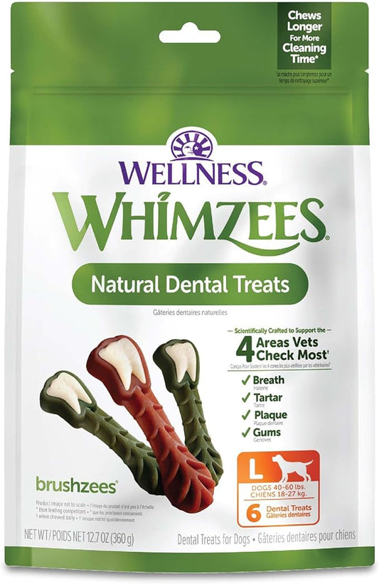 Whimzees Wellness Brushzees Dog Dental Treats, Natural Chews, Large Size Stick, (6 Count)