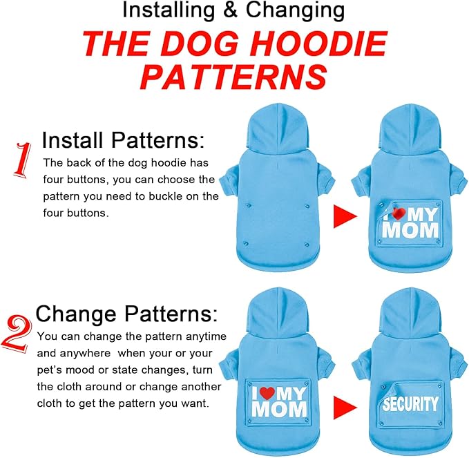 GreenJoy Magic Dog Sweater with 4 Interchangeable Patterns - Dog Hoodie Cold Weather Dog Coat Hooded Sweatshirt for Puppies,Cats, Small Medium Large Dogs (Blue (Letter Print A), Small)