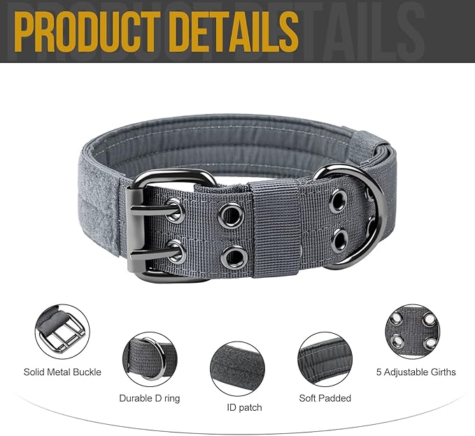 OneTigris Military Adjustable Dog Collar with Metal D Ring & Buckle 2 Sizes (L, Grey)