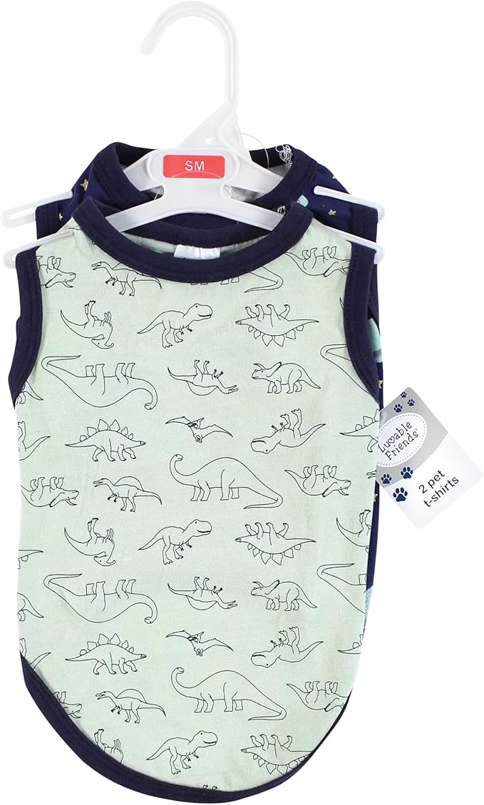 Luvable Friends Dog Pet Dog and Cats Cotton T-Shirts 2pk, Dino Space, X-Small