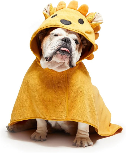 Barkbox Dog Bathrobe Fast Drying with Hook and Loop Closure & Wrap Tie Snuggle, Cute Dogs Clothes, Easy to Clean, Machine Washable, Dog Coats and Tumble Dry Low - Lion, Medium