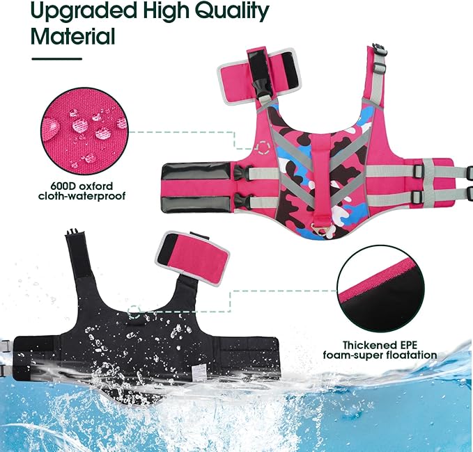 Kuoser Dog Life Jacket with Adjustable High Visibility Stripes - Ripstop Dog Lifesaver Pet Preserver with High Flotation Swimsuit for Small to Large Dogs