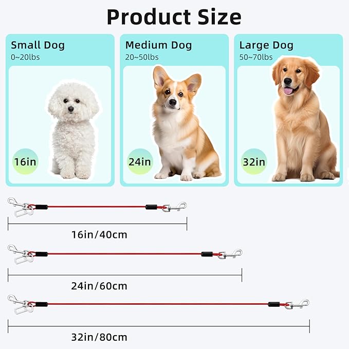 Dog Seat Belt for Car, 32" Chew-Proof Coated Wire Dog Car Leash Seat Belt, Dog Leash with Buckles and Latch, Safety Harness for Small, Medium, Large Dog or Cat, Travel, Red + Blue, 2 Pack