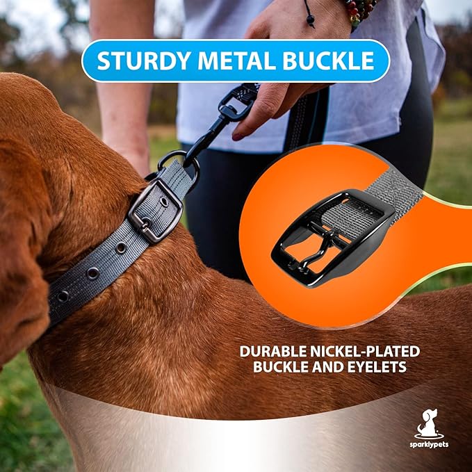 SparklyPets Heavy Duty Dog Collar with Handle for Medium and Large Dogs – Professional Collar with Reflective Stitches, Soft Handle & Nickel-Plated Buckle (Large (18"~22"), Gray)