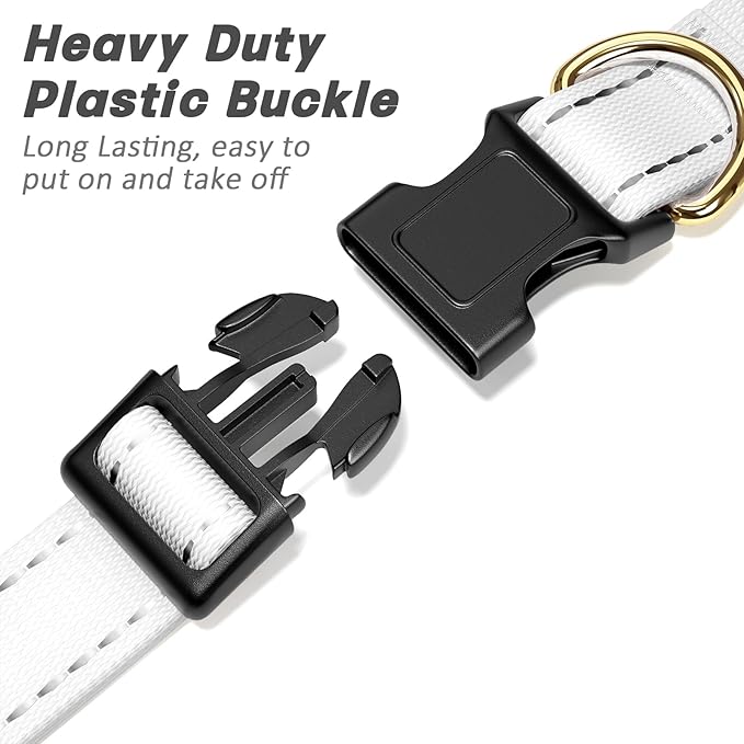Reflective Dog Collar for Large Dogs, Cute Adjustable Heavy-Duty Nylon Puppy Collars for Boy and Girl Female, Soft Pet Accessories with Quick Release Buckle, Neck 16-24", White