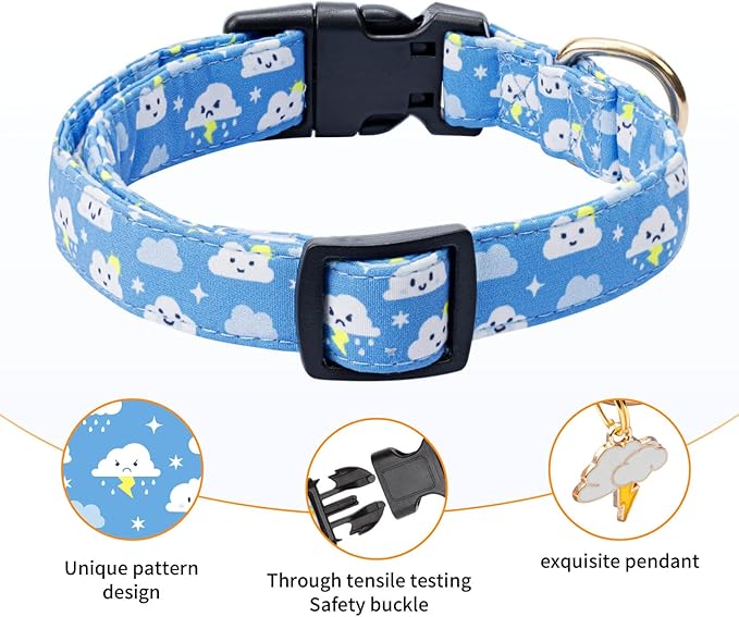 Cotton Dog Collar,Adjustable Cute Puppy Collar with Moon Patterned Design for Small Medium Large Dogs,Soft and Fancy Pet Collar with Safety Buckle for Girl Boy Dogs (Blue Cloud, Medium)