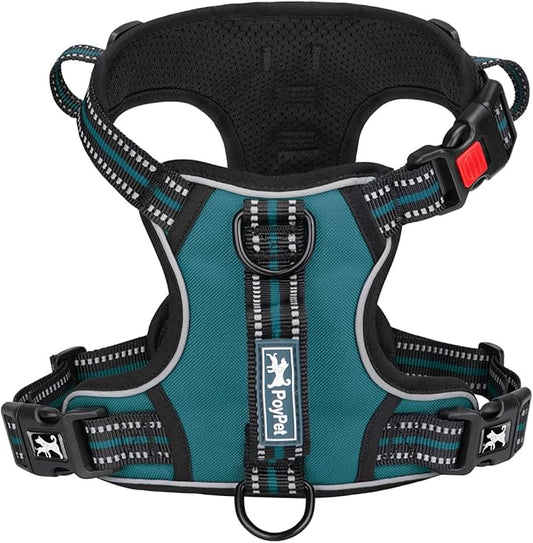 PoyPet No Pull Dog Harness, No Choke Front Clip Reflective Dog Vest with Soft Padded Vertical Handle, 3 Leash Attachments for Small Medium Large Dogs (Tumalo Teal,XL)