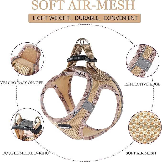 Puppy Harness and Leash Set, Small Dog Harness and Leash Set, Step in Small Size Harness with Soft Mesh and Reflective Bands for Extra-Small/Small Dogs, Khaki， M, Khaki(Plaid)