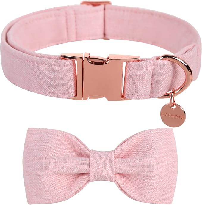 DOGWONG Cotton Dog Collar with Bow, Pink Pet Collar Durable Adjustable Puppy Collar for Small Medium Large Dogs