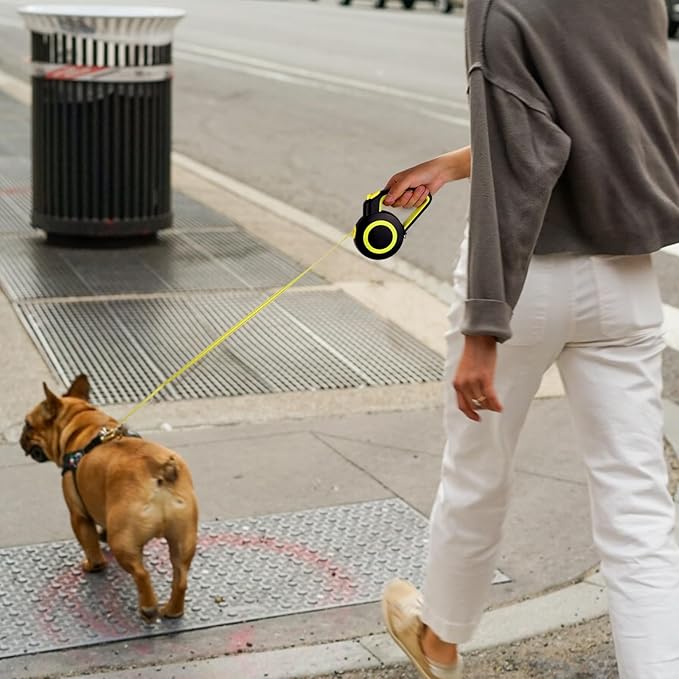 Retractable Dog Leash,Night Reflection,Light Weight Leash for Small to Dogs/Cats,Stainless Steel Spring,Strong Nylon Tape, One-Handed Brake (Black-Yellow)