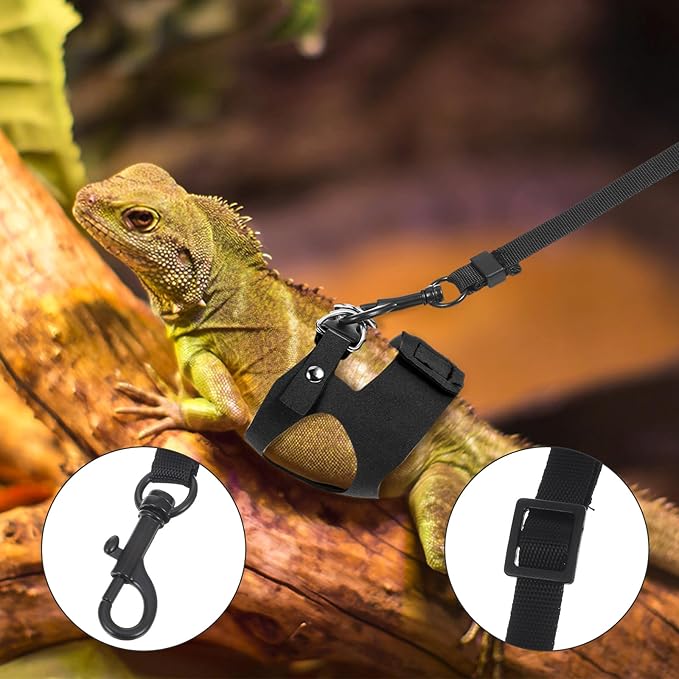 3 Pack Bearded Dragon Harness and Leash Set, 3 Sizes Adjustable Cool Orange Reptile Harness Leash, Adjustable Soft Leather Lizard Harnesss with Retractable Leashes for Reptile Squirrel Rat