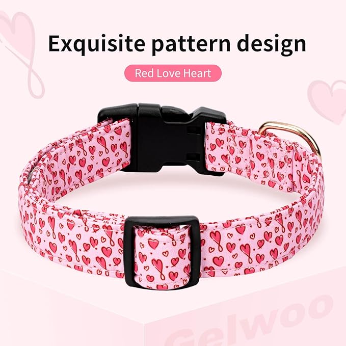 Cotton Dog Collar,Valentine's Day Soft and Cute Puppy Collars with Hearts Patterned Design for Girl Female Boy Dogs,Adjustable Buckle Pet Collar for Small Medium Large Dogs (Red Love Heart, S)