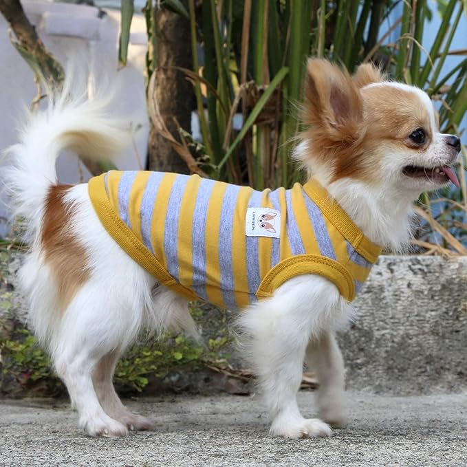 LOPHIPETS 100% Cotton Striped Dog Shirts for Small Dogs Chihuahua Puppy Clothes Tank Vest-Yellow and Gray Strips/XL