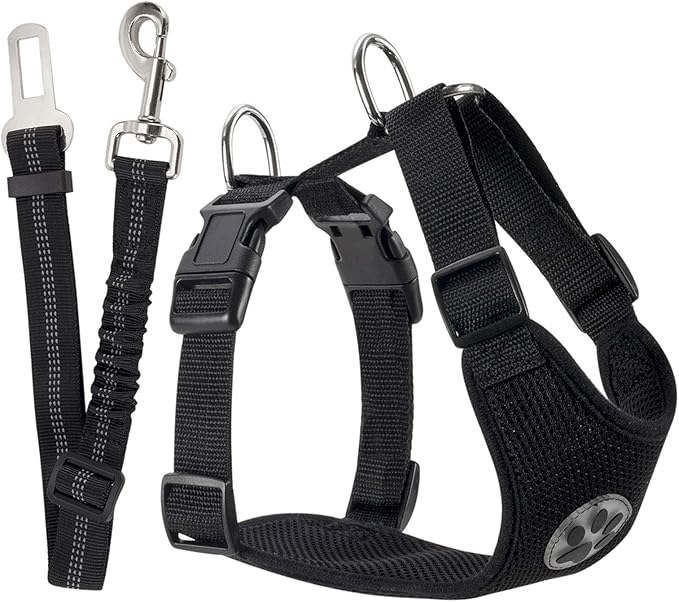 SlowTon Dog Seat Belt Harness for Car, Dog Car Harness Adjustable Mesh Breathable & Dog Seatbelt Safety Tether with Elastic Bungee for Small Medium Large Pets(Black, Single Clip, M)