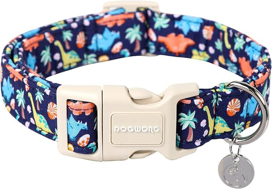 DOGWONG Cotton Dog Collar - Blue Dinosaur Design, Soft Natural Fabric, Cute Summer Puppy Necklace for Small to Large Dogs