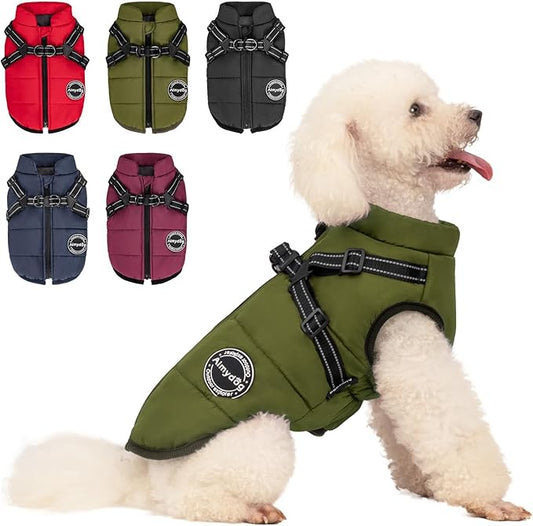 Dog Winter Coat, Warm Jacket Reflective Fleece Vest with Harness, Waterproof Windproof Snowsuit with Zipper for Small Medium Dogs, Green XS