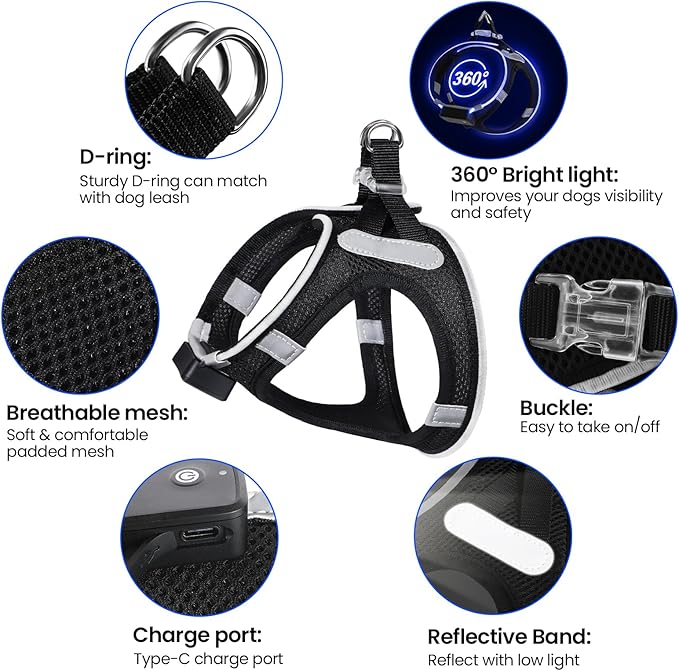 PceoTllar Light Up Dog Harness, LED No Pull Reflective Dog Harness, Flashing Lighted for Night Walking - Small/Medium, (Black Blue,L)