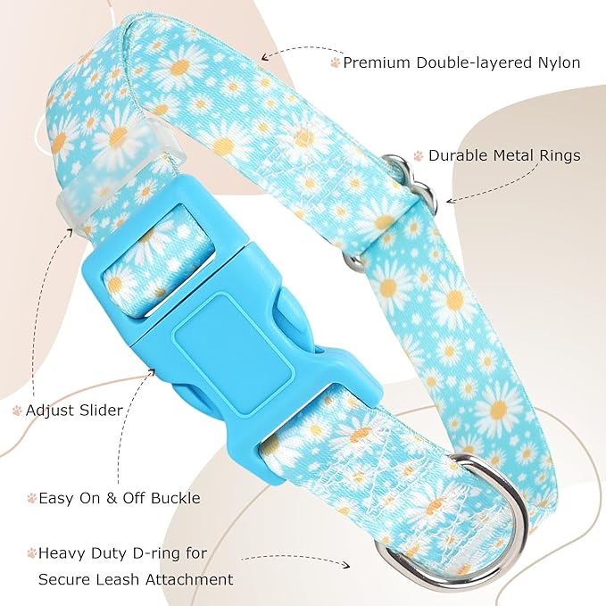 Dog Collars for Large Dogs with Blue Daisy Flowers Floral Design for Boy Girl Dogs, Adjustable Comfy Soft Pet Collar with Safety Buckle for XS Small Medium Large Dogs(XL)