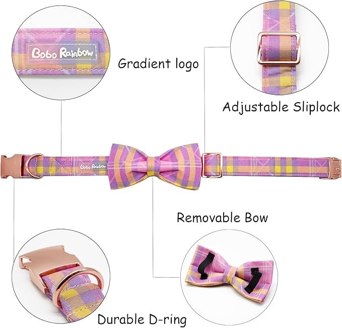 Girl Dog Collar, Pink Plaid Adjustable Dog Bow Collar Girl Pet Collar Bowtie Duarble Dog Collars for Small Medium Large Dog