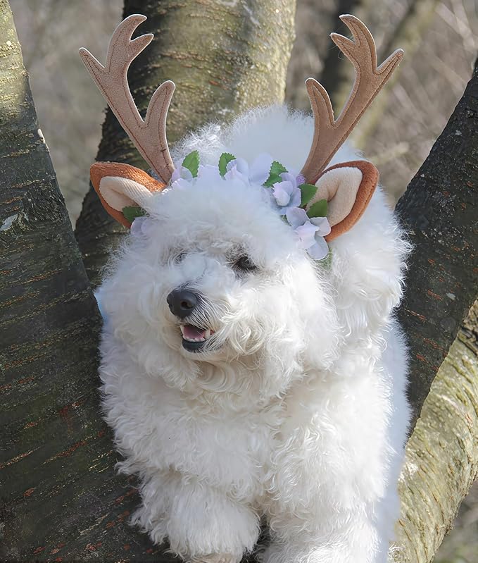 Dog Cat Christmas Reindeer Ears Antlers Headband Adjustable, Forest Flower Elk Hat Headwear Pet Deer Hair Cosplay Costumes Accessories for Halloween Merry Christmas (S(for Cats and Small Dogs))