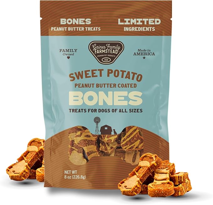 Gaines Family Farmstead Sweet Potato & Peanut Butter Dog Bones – 8 oz, Grain-Free, All-Natural Dog Treats for Digestion, Skin, Energy & Immunity – Limited Ingredient, Made in USA
