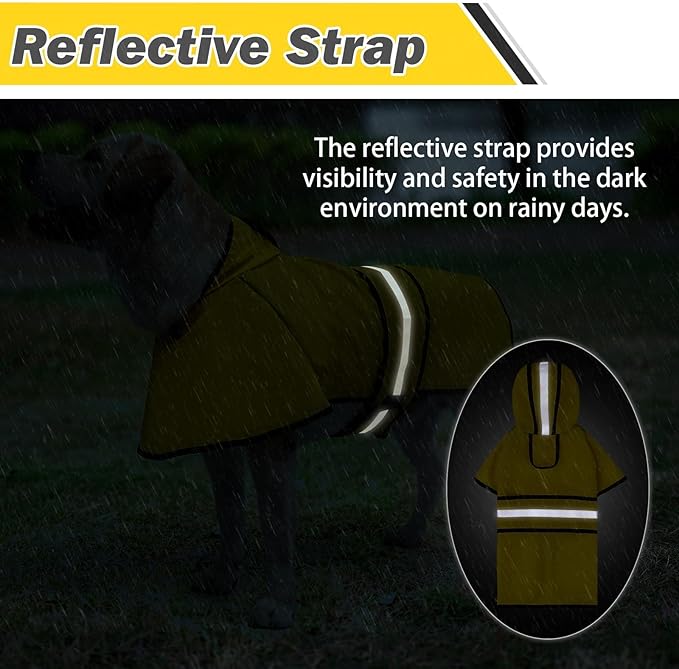 KOOLTAIL Dog Raincoat Hooded Slicker Poncho with Leash Hole, Raincoat for Large Dogs, Waterproof Doggie Rain Jacket with Reflective Strip, Adjustable Breathable Extra Large Rainwear-Yellow Solid