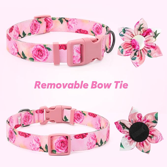 Floral Girl Pink Dog Collar with Rose Flower Bow Tie for Cute Female Cats & Dogs - Small to Large Sizes