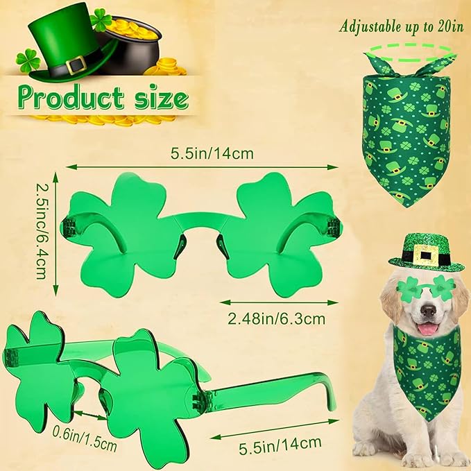 3 Pcs St Patrick's Day Dog Costume Leprechaun Pet Top Hat Irish Shamrock Bandana Green Four-Clover Sunglasses Triangle Bib Scarf Saint Patrick's Day Outfits for Medium Large Dogs