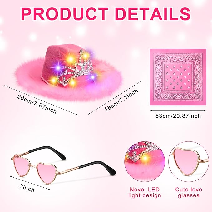 Aliceset 3 Pcs Pet Cowboy Costume Cat Cowboy Accessories Set Neon Sparkly Dog Cowboy Hat Paisley Bandanna Collar and Sunglasses LED Light up Western Small Cat Dog Cowgirl Costume(Pink, Crown)