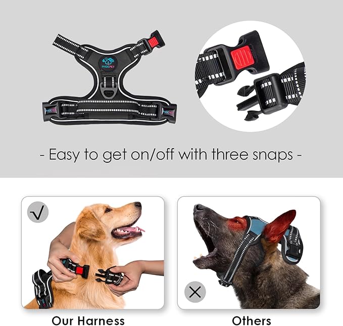 PHOEPET Reflective Dog Harness Large Breed Adjustable No Pull Vest with with Handle 2 Metal Rings 3 Buckles [Easy to Put on & Take Off](L, Black)