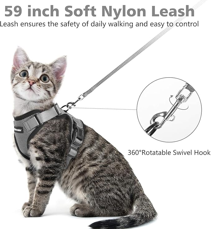 Dooradar Cat Harness and Leash Set, Escape Proof Safe Adjustable Kitten Vest Harnesses for Walking, Easy Control Soft Breathable Mesh Jacket with Reflective Strips for Cats, Grey, XXS