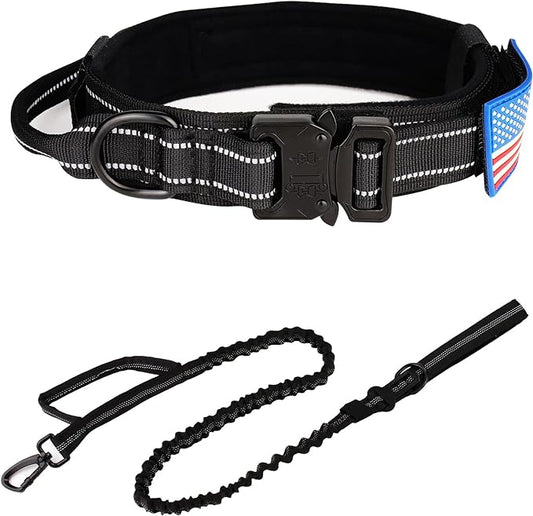 KCUCOP Tactical Dog Collar, Heavy Duty Dog Collar with Handle and Metal Buckle, Military Thick Dog Collars for Medium and Large Dogs(Black-Reflective Set-M, 1 Patch)