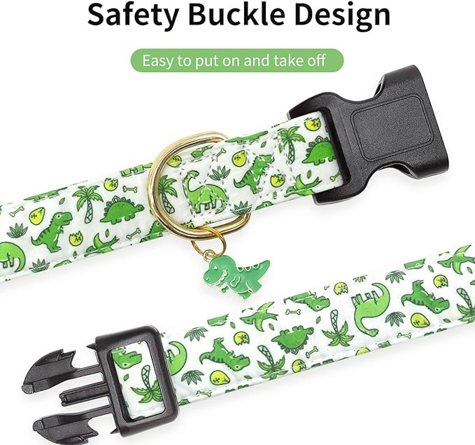 Cotton Dog Collar,Soft and Cute Puppy Collars with Dinosaur Patterned Design for Girl Female Boy Dogs,Adjustable Buckle Pet Collar for Small Medium Large Dogs (Green Dinosaur, S)