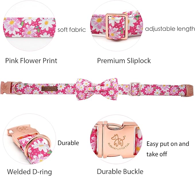 Elegant little tail Dog Collar, Dog Collar with Bow, Pink Floral Girl Dog Collar Pet Gift Dog Bowtie Adjustable Dog Collar for X-Large Dogs