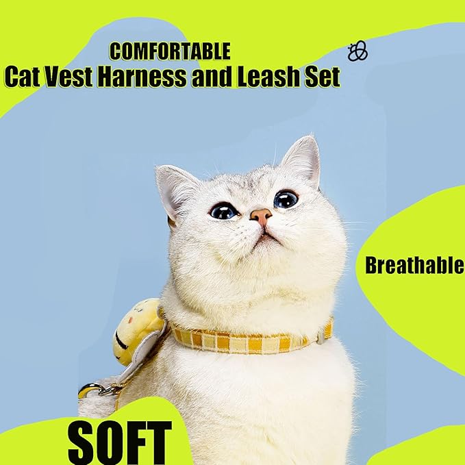 Cat Harness & Leash Set, Cats Escape Proof - Adjustable Kitten Harness for Large Small Cats, Cute Bee Plaid Lightweight Soft Petsafe Harness (Yellow Plaid Bee, M (for 7.0-16.5lb))
