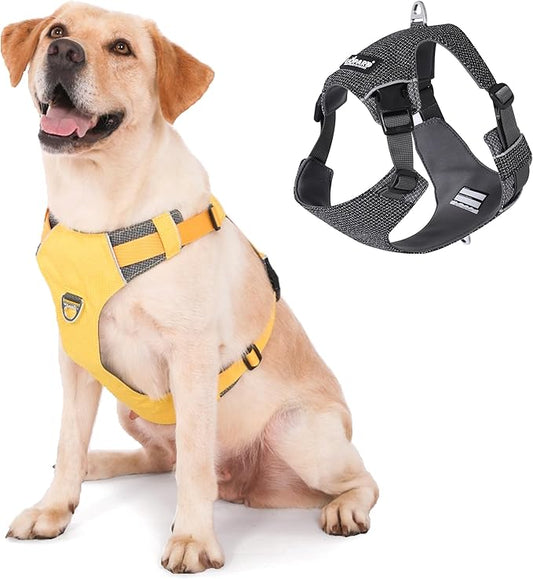 Dog Harness, Easy Walk Pet Harness No Pull with 2 Leash Clips, Reflective Running Soft Padded Adjustable Puppy Vest, Heavy Duty Seatbelt Harness for Car for Medium Large Dogs (Yellow, M)