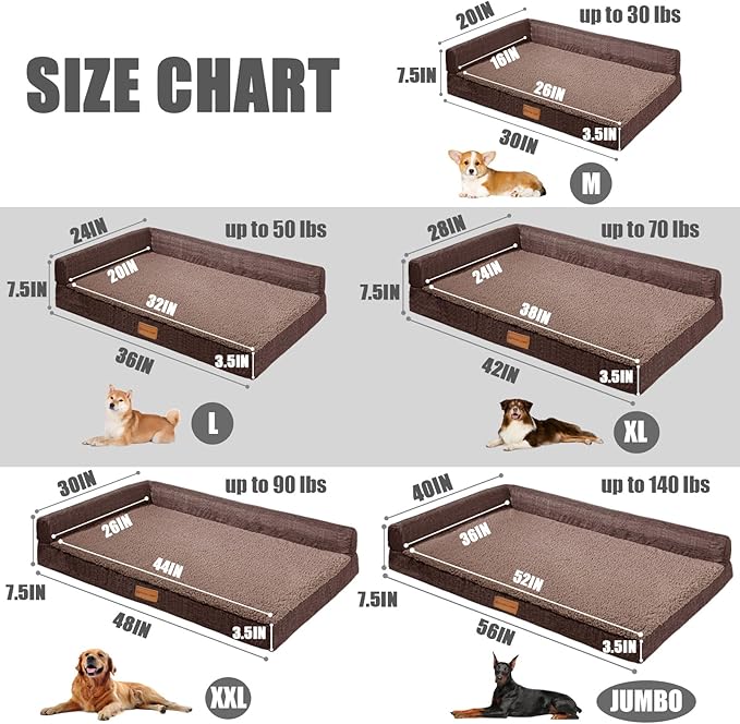 Patas Lague Orthopedic Jumbo Dog Bed for Extra Large Dogs 56''X40'', Waterproof L Shaped Jumbo Pet Sofa Beds with Removable Washable Cover, Soft Comfortable Pet Couch Mat with Nonskid Bottom, Brown