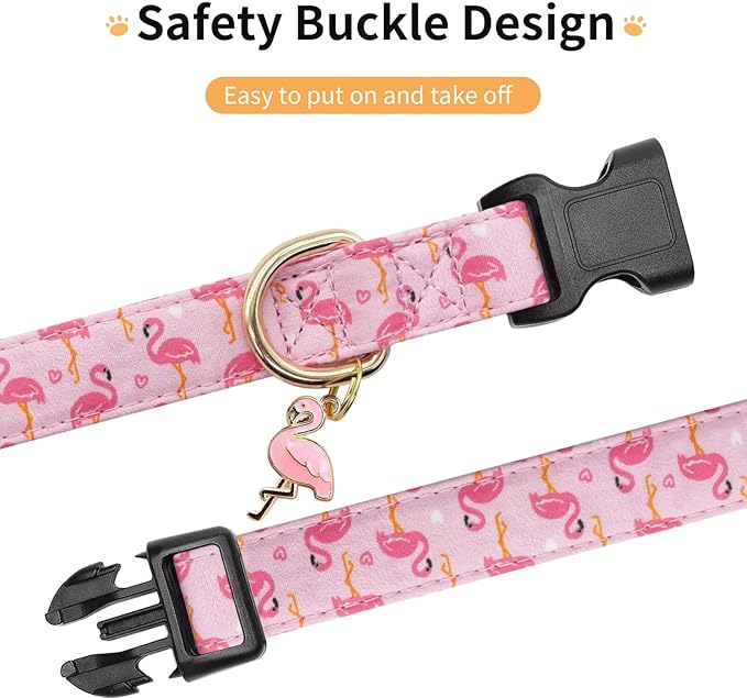 Cotton Dog Collar,Adjustable Cute Puppy Collar with Moon Patterned Design for Small Medium Large Dogs,Soft and Fancy Pet Collar with Safety Buckle for Girl Boy Dogs (Pink Flamingo, Medium)