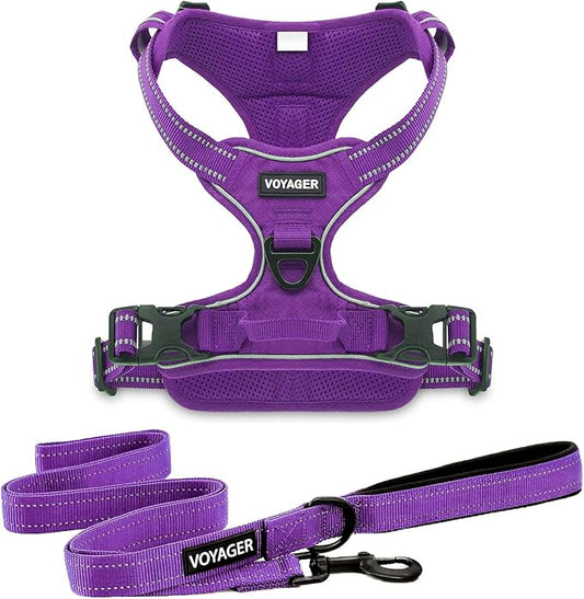 Dog Harness Dual Leash Attachment No-Pull Control Adjustable Soft but Strong Pet Harness for Medium and Large Dogs with 3M Reflective Technology - Harness Leash Set (Purple Lattice), M