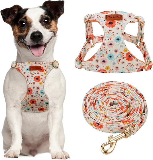 CHEDE No Pull Floral Pattern Dog Harness- Lightweight and Soft Dog Harness, Adjustable Small Dog Harness and Leash Set, with Dog Leash, Suitable for Puppy Small and Medium-Sized Dog