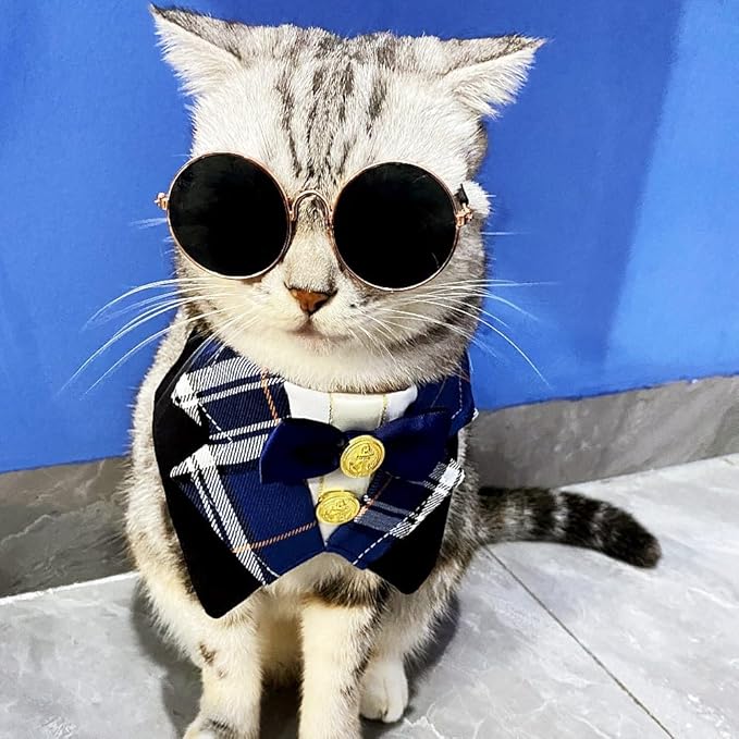 Dog Tuxedo Formal Cat Wedding Bandana Collar with Bow Tie Cat Birthday Costume Dog Wedding Attire Valentines Outfit Pet Gentlemen Sunglasses (Black)