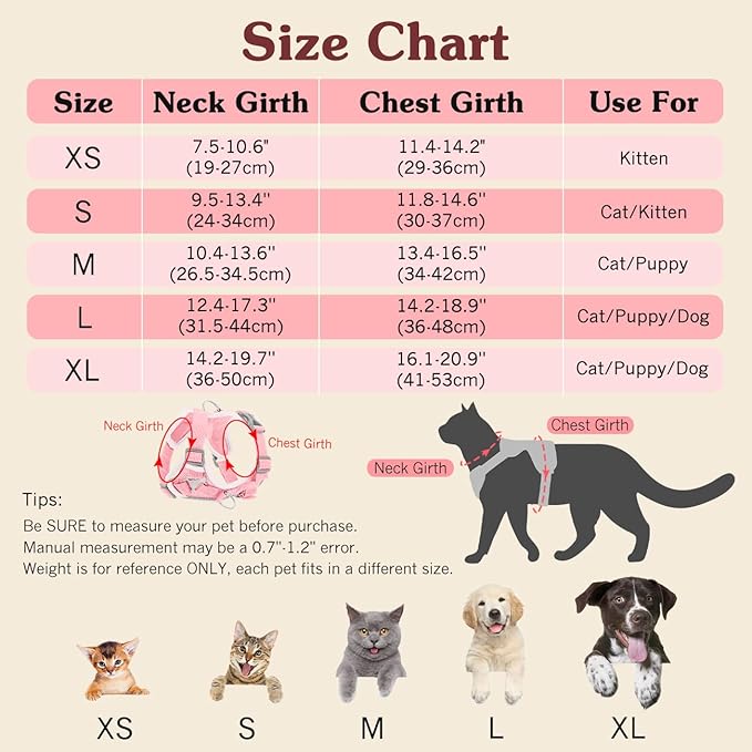 Cat Harness and Leash Set for Walking, Adjustable Kitten Vest Harness with Reflective Strip Breathable Mesh, Escape Proof Soft Pet Safety Vest for Cats, Kittens, Puppies, XL, Pink