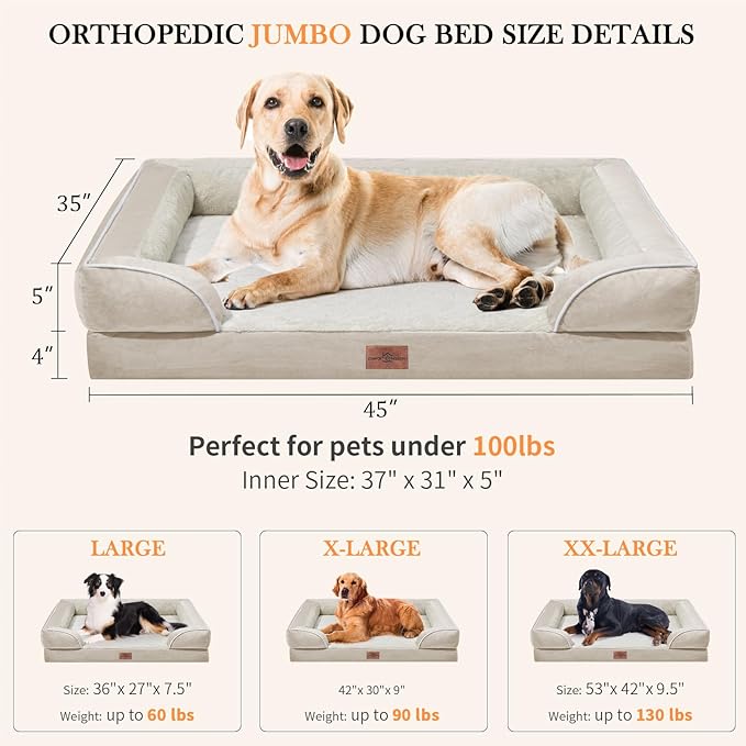 Comfort Expression Orthopedic Jumbo Dog Beds Waterproof, Extra Large Dog Beds Jumbo Breed, PV Washable Pet Sofa Couch with Removable Cover & Non-Slip Bottom(Beige)