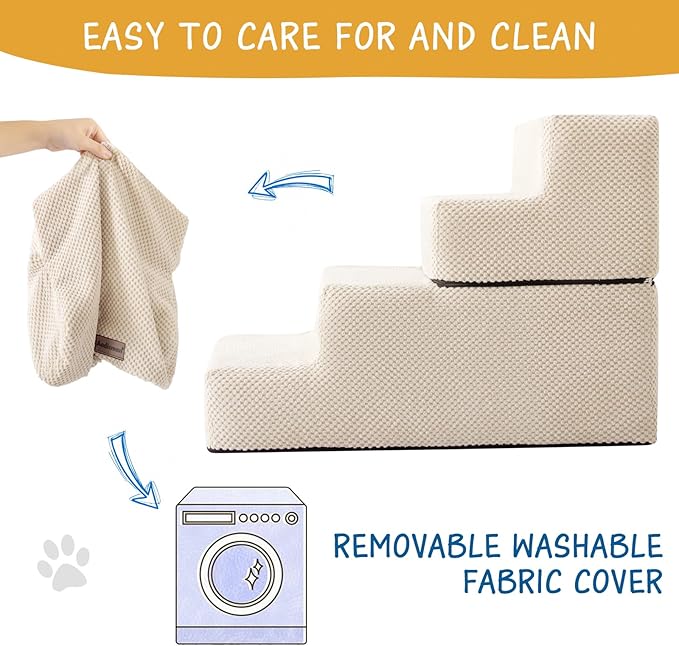 Dog Stairs for Small Dogs & Cats, 4-Step Non-Slip Pet Steps for Beds & Couches, Beige, 18.5" H