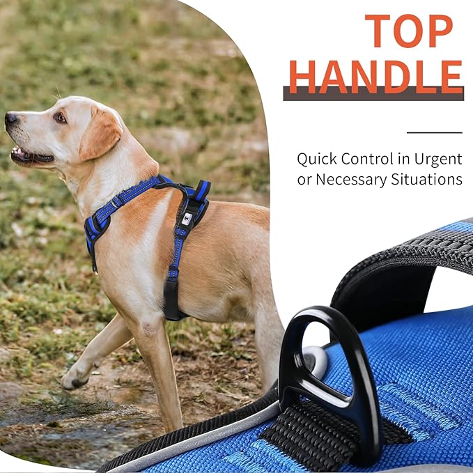 Dog Harness, No-Pull Pet Breathable Harness, Adjustable Soft Padded Dog Vest with 2 Leash Clips, Reflective No-Choke Pet, Easy Control Handle for Large Dogs, Blue, L