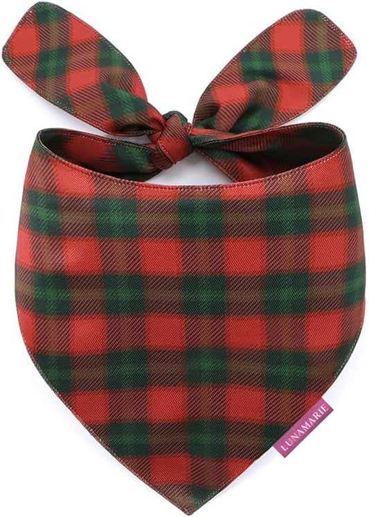 Luxury Pet Birthday Bandanas -Premium & Silky Poly Fabric | 100% Handmade | Custom Shape Dual Layered (Jingle Plaid, Large)