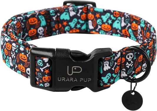 Halloween Dog Collar, UP URARA PUP Cotton Skull Ghost Dog Collar for Small Dog, Fall Pet Collar with Halloween Elements Pattern, Adjustable Puppy Collar,L