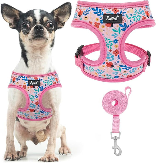 PUPTECK Soft Mesh Dog Harness and Leash Set Pet Puppy Cat Comfort Padded Vest No Pull Harnesses, Pink Floral, XS