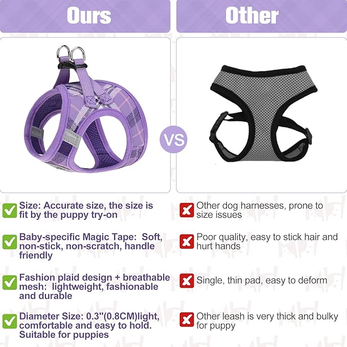BEAUTYZOO Small Dog Harness and Leash Set,Step in No Choke No Pull Soft Mesh Dog Harnesses Reflective for Extra-Small Medium Puppy Dogs and Cats, Plaid Dog Vest Harness for XS S Pets, Purple S